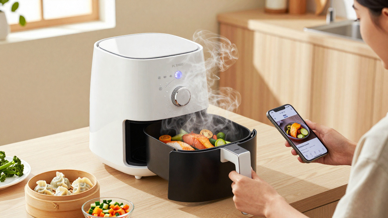 Pessoa usando fritadeira elétrica para cozinhar salmão e legumes enquanto consulta receita no celular em cozinha iluminada.