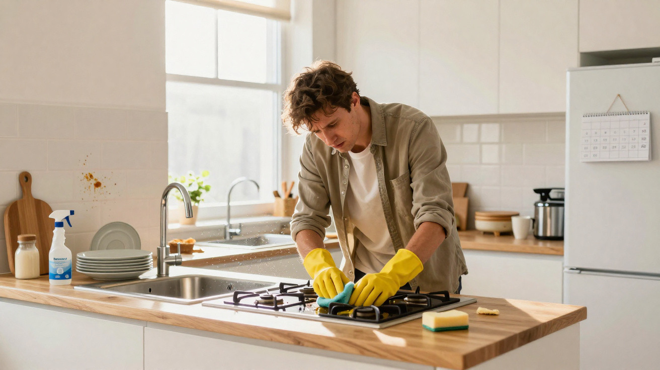 Homem de luvas amarelas limpando fogão em cozinha moderna com luz natural.