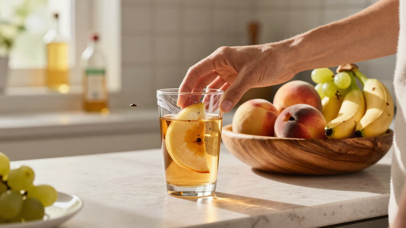 Mão colocando fatia de maçã em copo com bebida, tigela com frutas ao fundo, luz natural na cozinha.