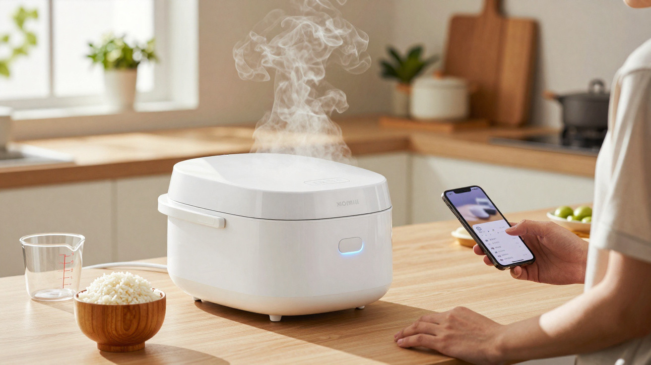 Panela elétrica branca soltando vapor em bancada de cozinha, pessoa controlando pelo celular.