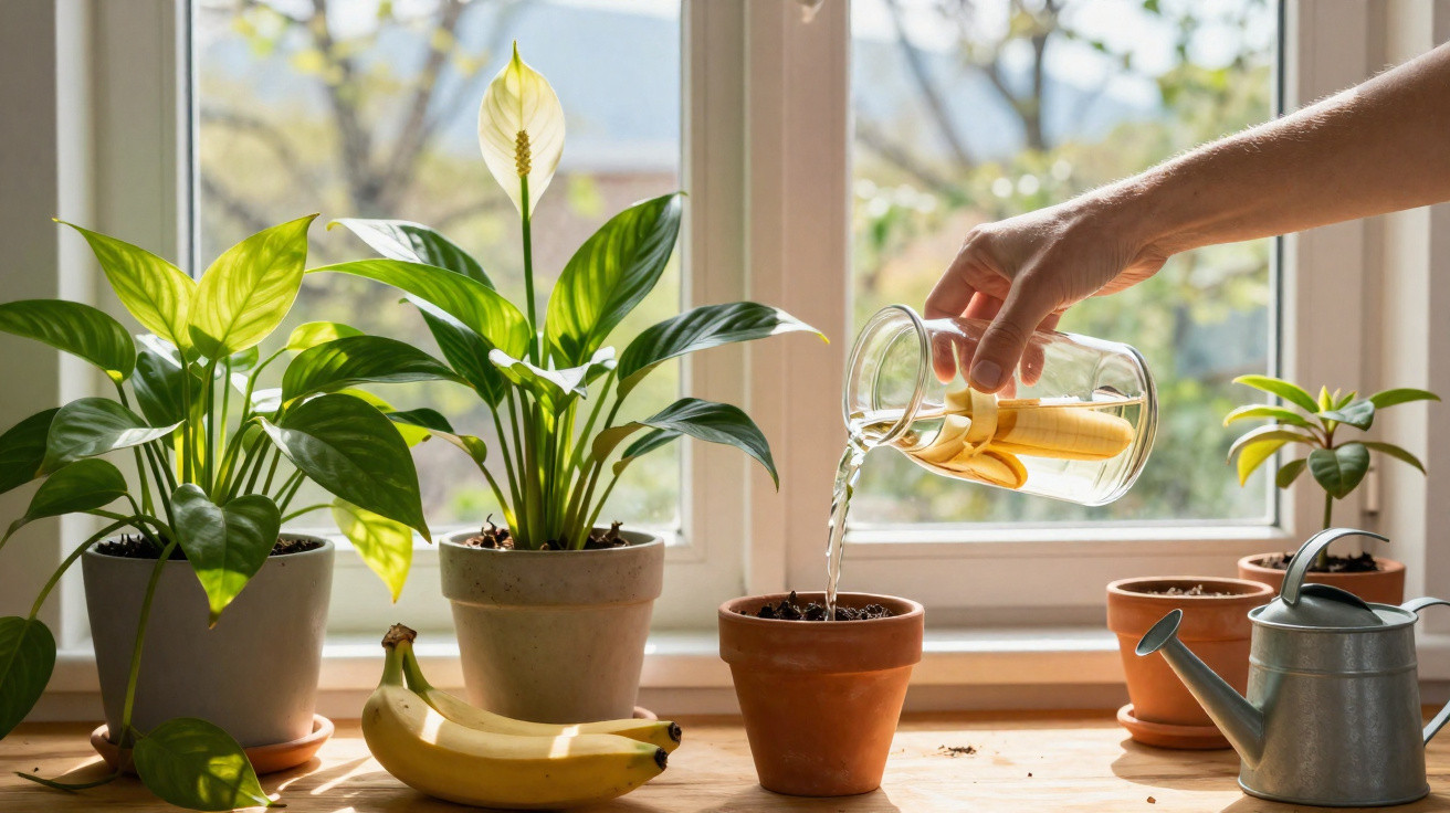 Mão regando planta com água de vidro contendo casca de banana, várias plantas em vasos na janela.