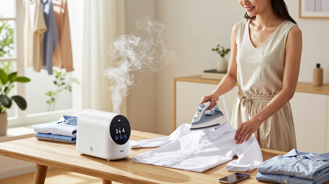 Mulher passando roupa branca em mesa de madeira com vaporizador emitindo vapor ao lado em ambiente claro.