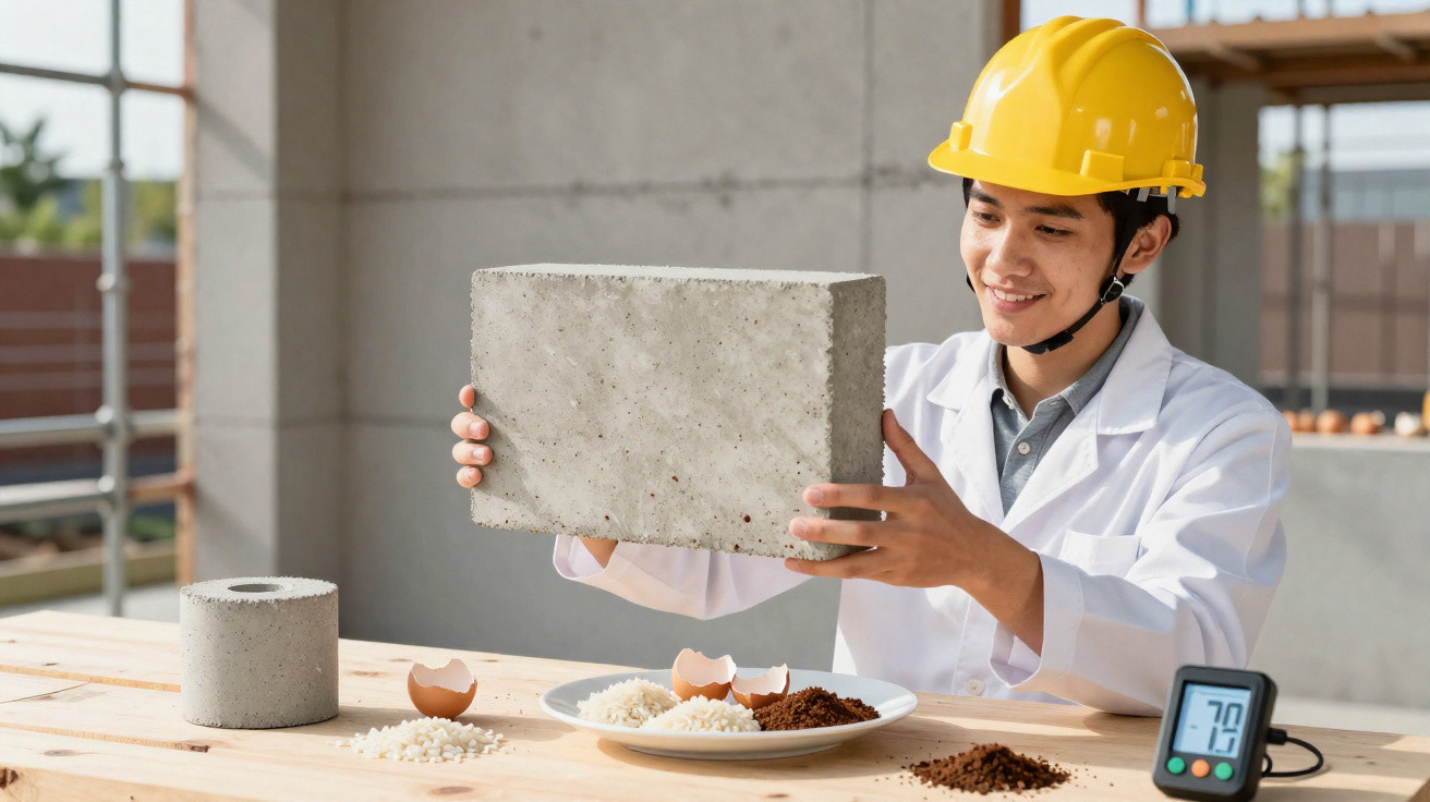 Homem com capacete segurando bloco de concreto em laboratório com amostras em mesa.