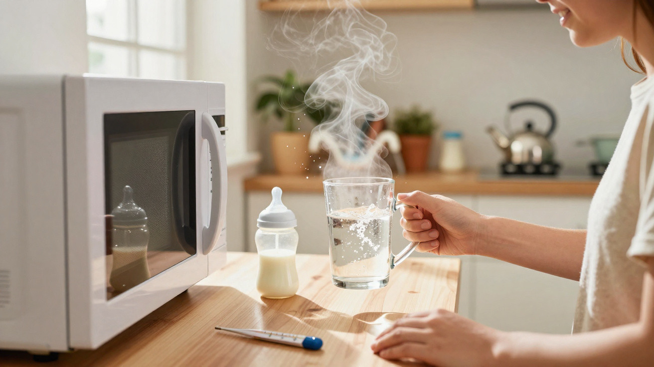Pessoa segurando copo com água quente na cozinha, ao lado de micro-ondas, mamadeira e termômetro sobre a mesa.