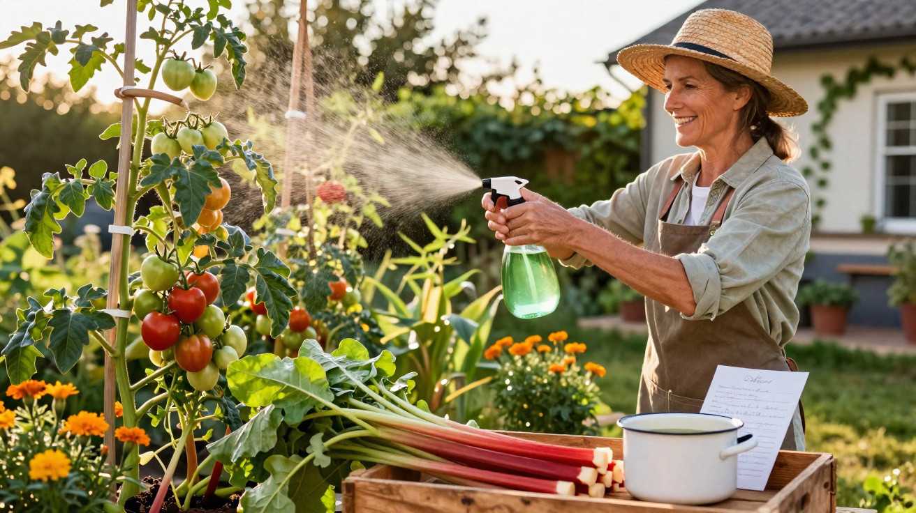 Mulher sorridente regando plantas e tomates em jardim ensolarado usando regador de spray.