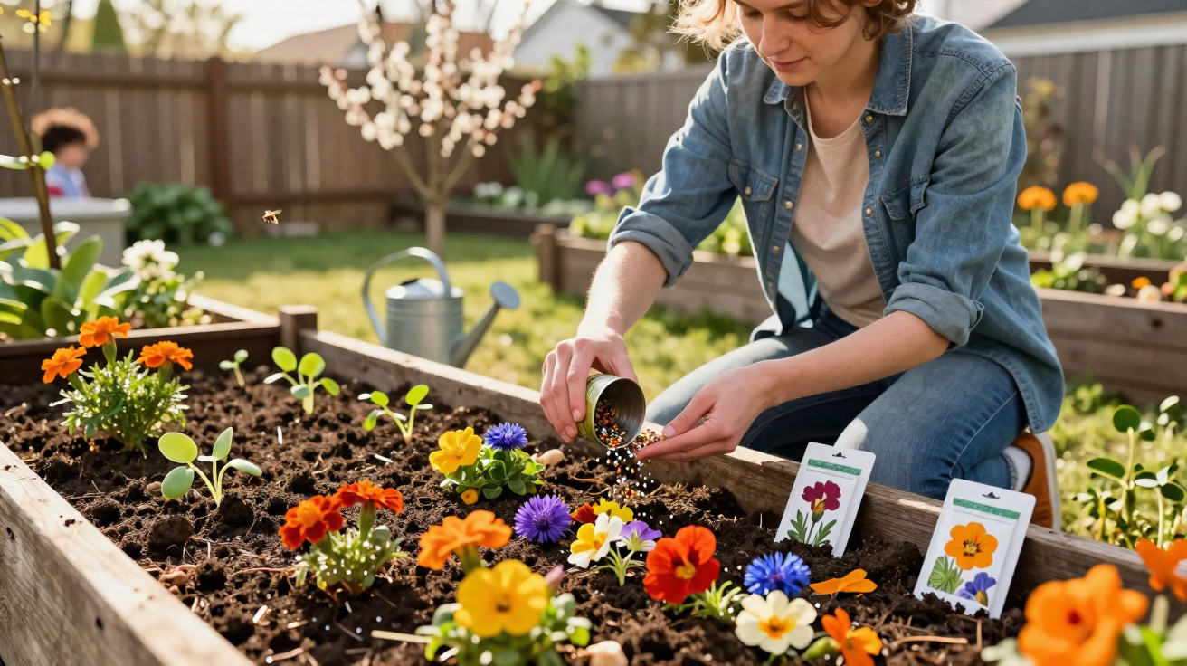 Mulher jovem plantando sementes em canteiro com flores coloridas em jardim ensolarado.