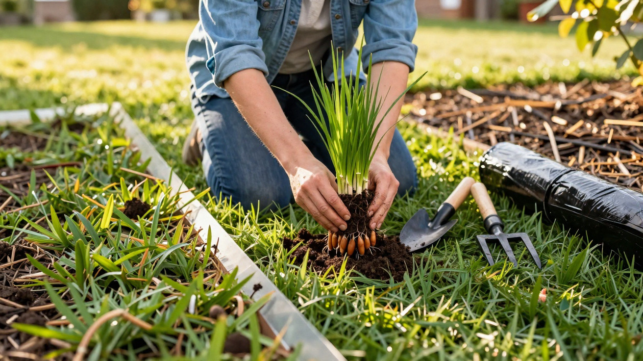Pessoa plantando cebolas em jardim com ferramentas de jardinagem ao lado em dia ensolarado.