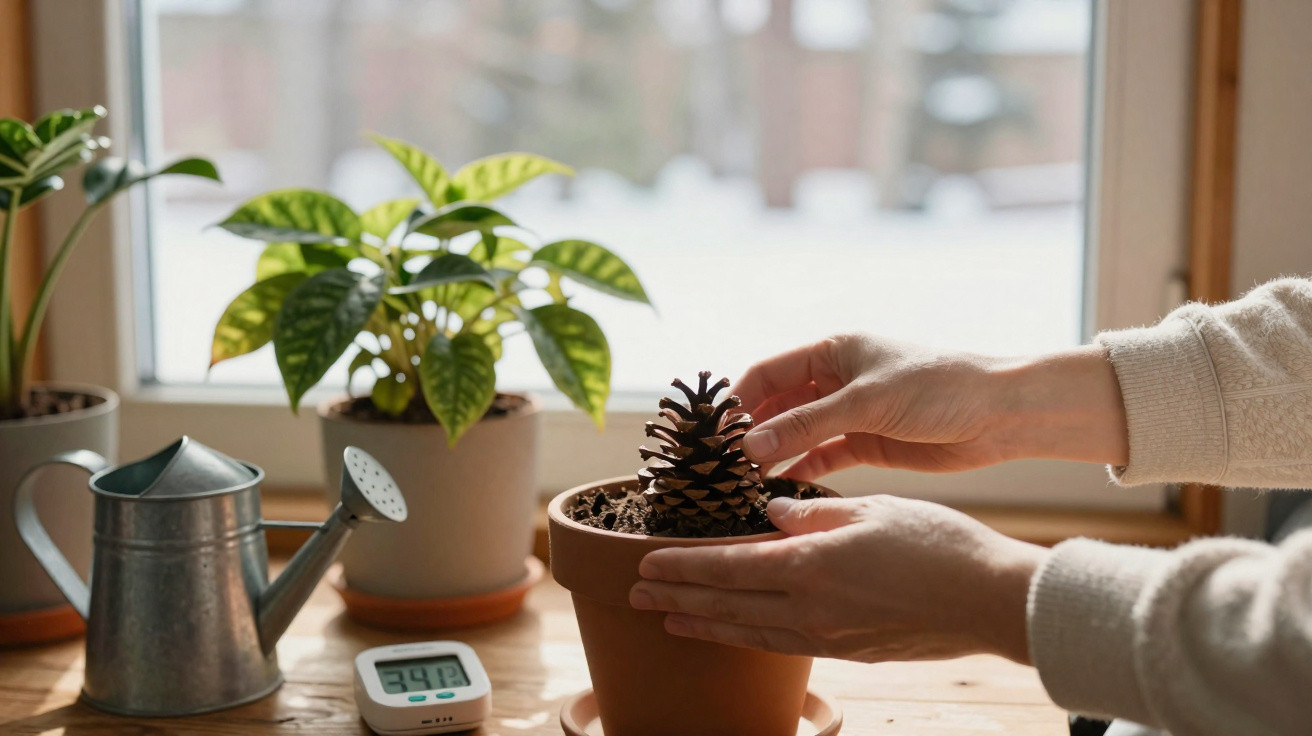 Mãos colocando uma pinha em vaso de planta na janela, ao lado de regador, outra planta e termômetro digital.