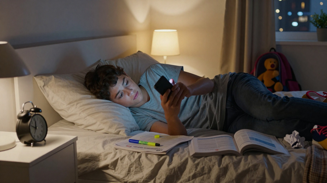 Adolescente deitado na cama olhando o celular à noite com livros e marcadores abertos ao lado.