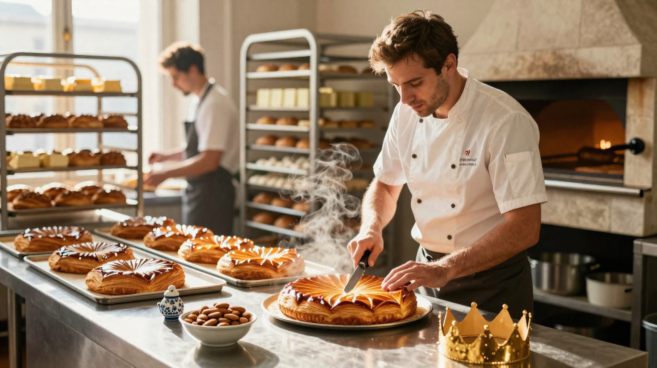 Chef cortando bolo tradicional em padaria, com várias tortas e coroa dourada sobre a mesa.