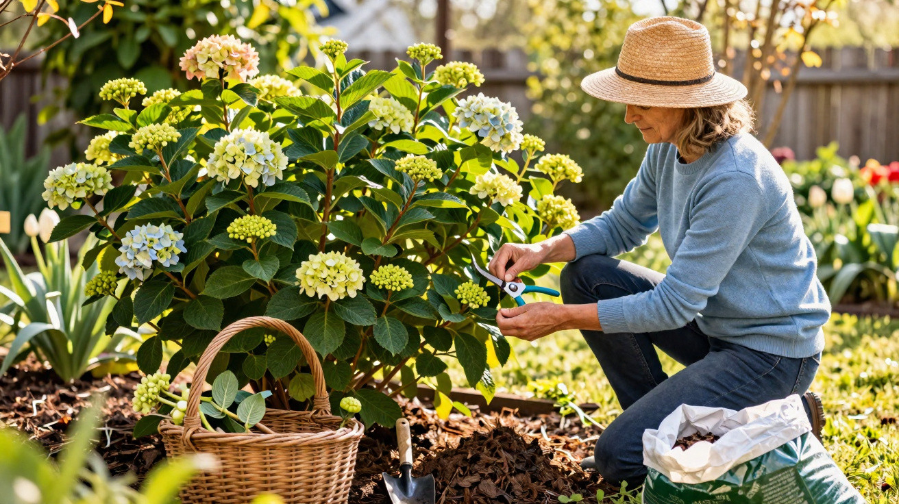 Mulher com chapéu colhendo flores de hortênsia em jardim ensolarado com cesta e saco de terra.
