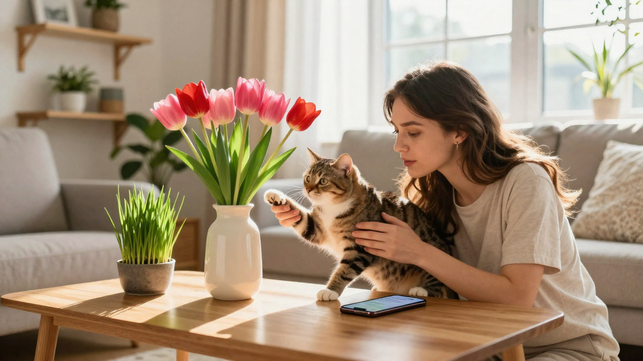 Mulher acariciando gato em mesa com vaso de tulipas e planta em sala iluminada pela janela.