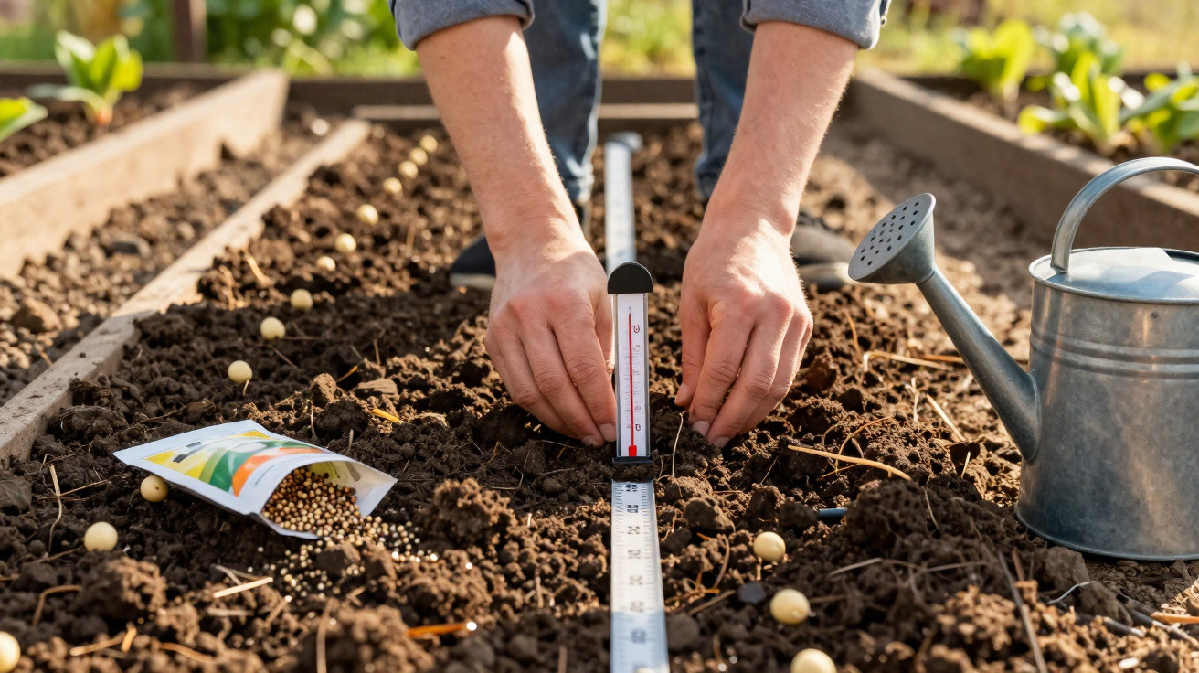 Dupla plantando sementes em solo preparado com regador e termômetro para medir a temperatura da terra.