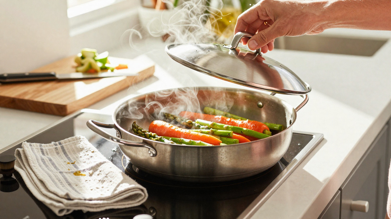 Panela de aço inox com legumes cozinhando no fogão, tampa sendo levantada e vapor saindo.