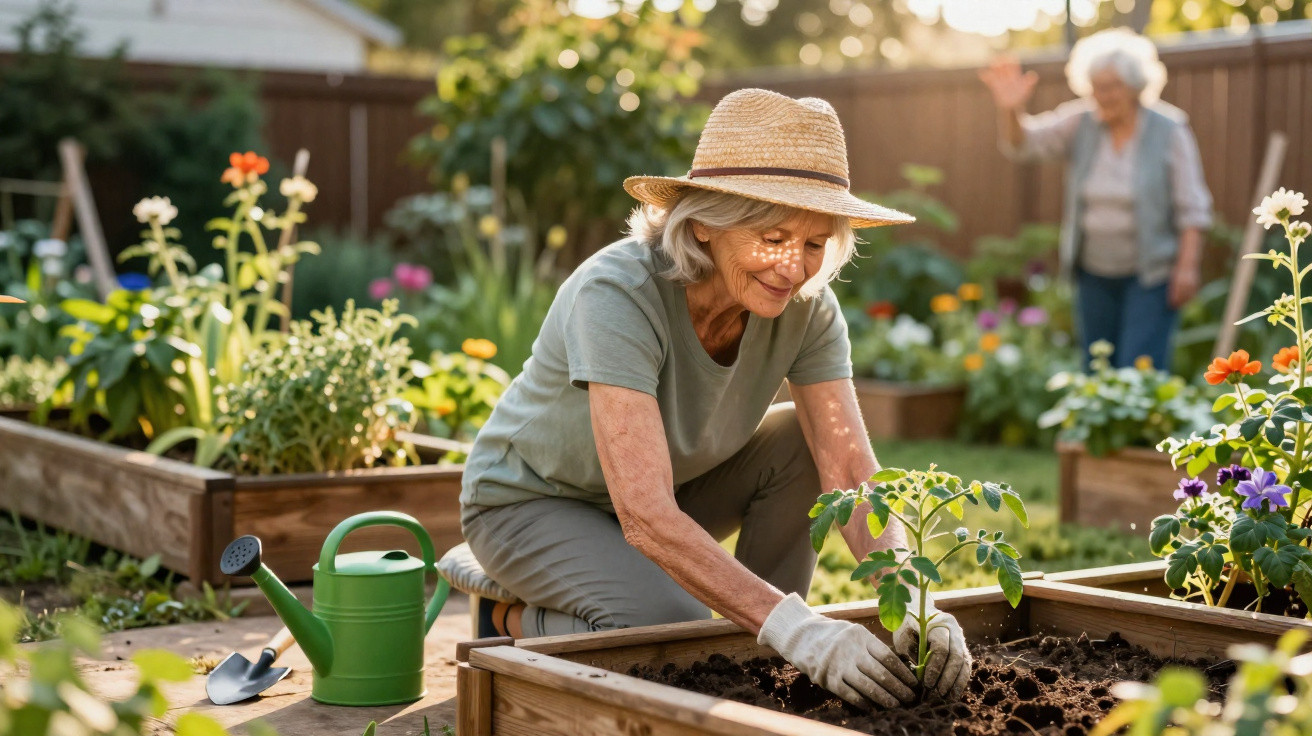 Mulher idosa plantando muda em canteiro elevado de jardim florido, enquanto outra acena ao fundo.