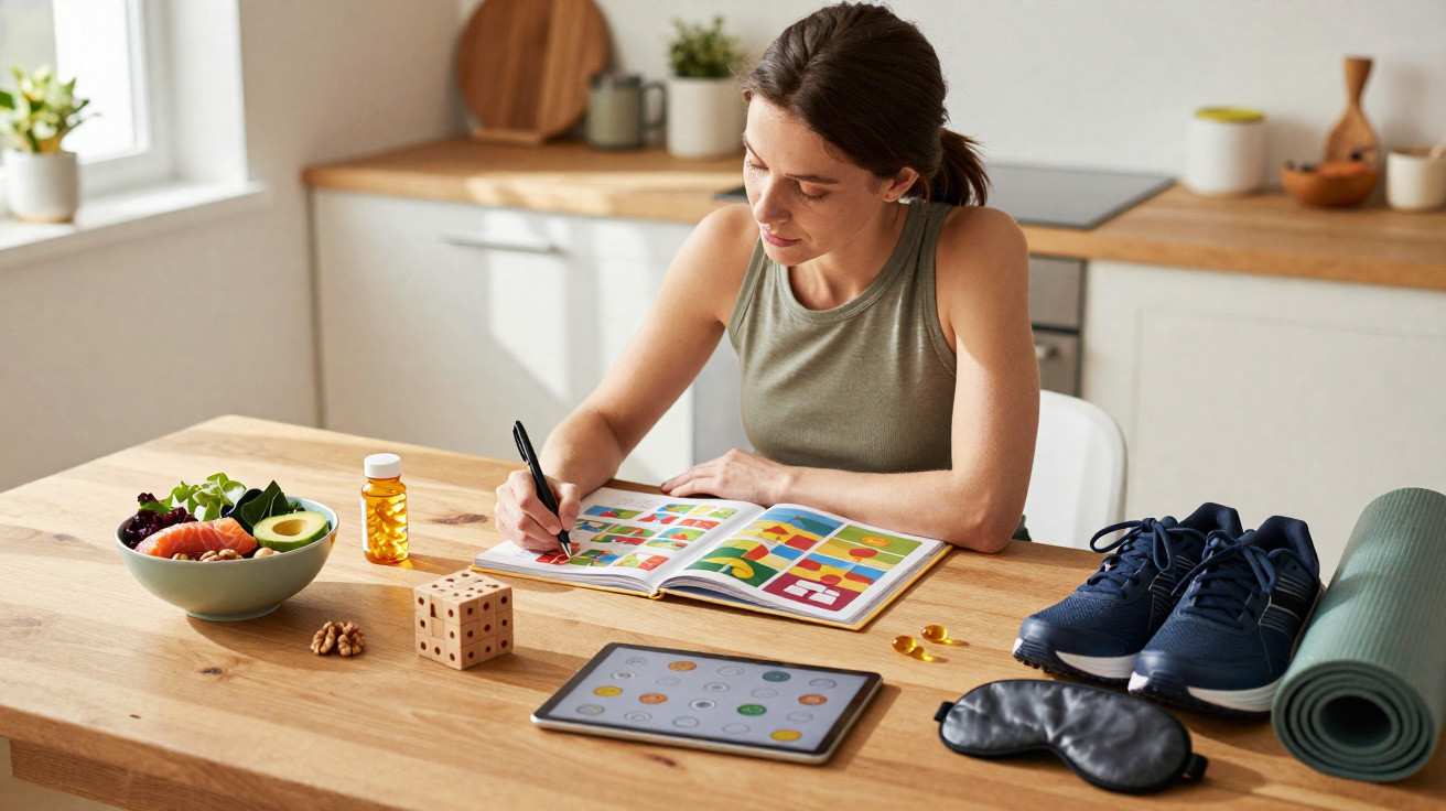 Mulher sentada à mesa fazendo planejamento de dieta e exercícios com tablet, alimentos e acessórios de treino.