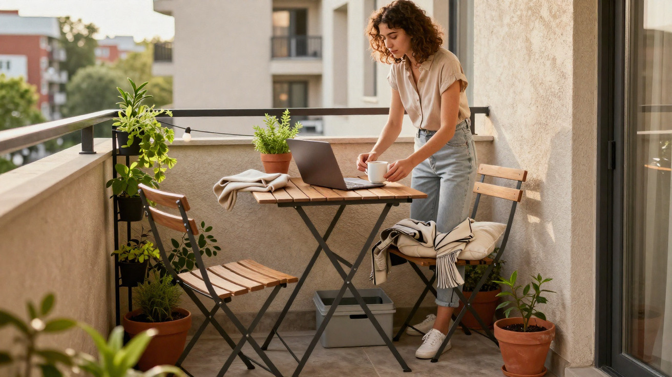 Mulher jovem com laptop e xícara tomando café em mesa de varanda decorada com plantas.