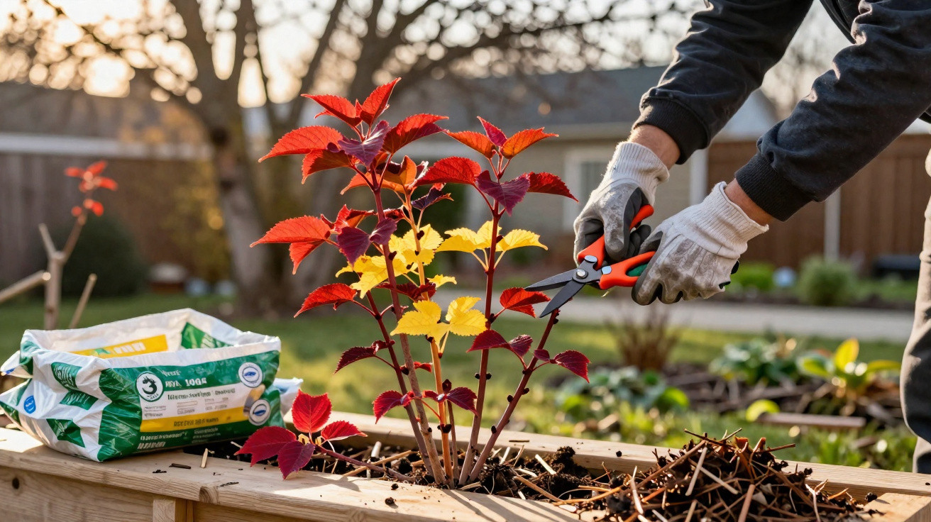 Pessoa podando planta com folhas vermelhas e amarelas em jardim com luvas e tesoura de poda.