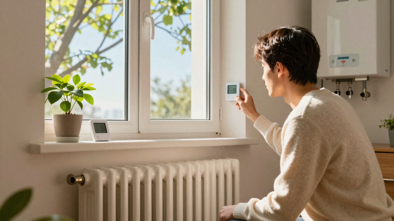 Pessoa ajustando o termostato de aquecimento próximo a janela com planta e radiador branco.