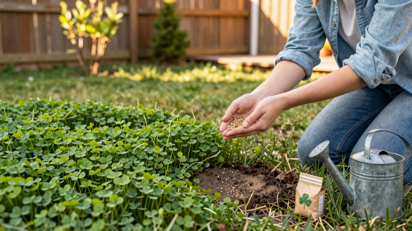 Pessoa plantando sementes em solo de jardim cercado por trevos e regador metálico ao lado.