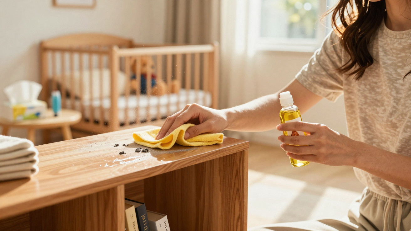 Pessoa limpando móvel de madeira com pano amarelo e frasco de produto em quarto de bebê iluminado.