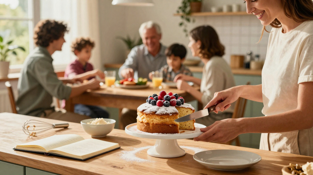 Mulher cortando bolo com frutas vermelhas na cozinha, família feliz ao fundo em volta da mesa de jantar.