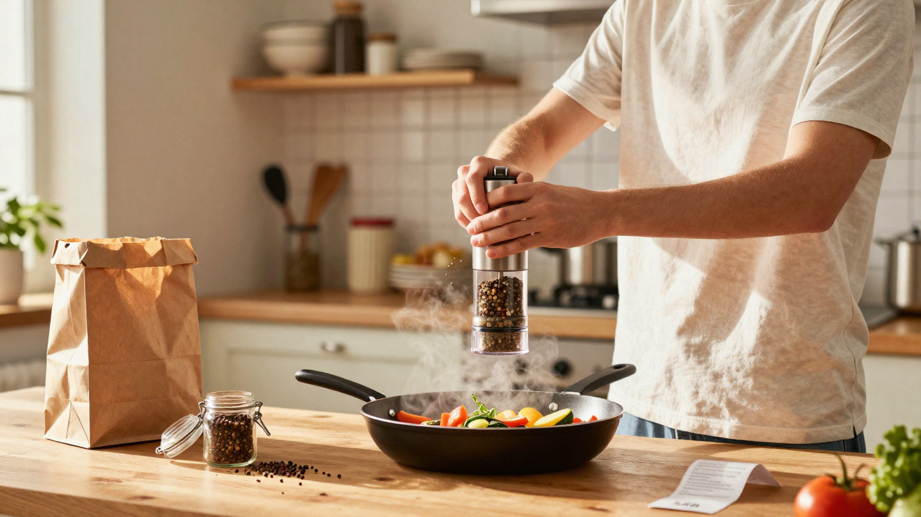 Pessoa moendo pimenta em frigideira com legumes na cozinha iluminada e moderna.