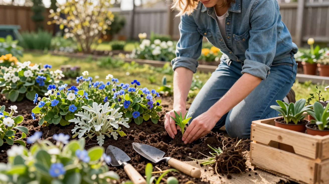 Pessoa plantando mudas em jardim com flores azuis, usando camisa jeans, ao ar livre, em dia ensolarado.