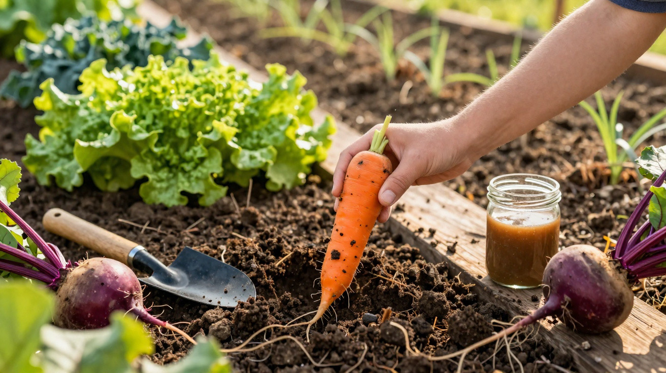 Pessoa colhendo cenoura em horta com beterrabas, alface, pá de jardinagem e frasco com líquido.