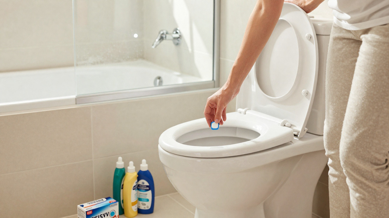 Pessoa colocando pastilha de limpeza no vaso sanitário branco em banheiro claro.