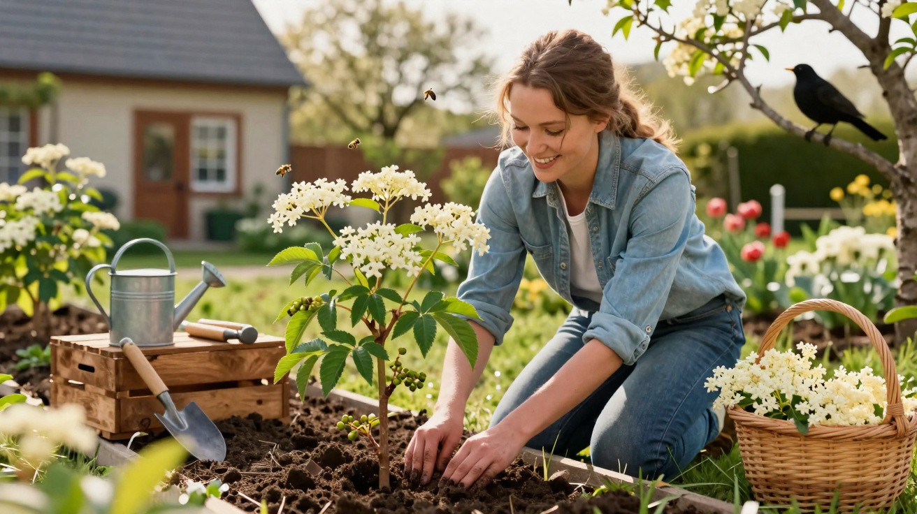 Mulher sorridente plantando flores brancas em jardim, com regador e ferramentas ao lado.