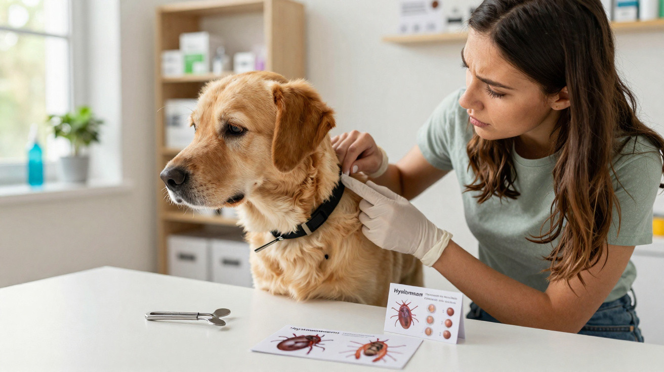 Mulher examina cachorro para carrapatos em clínica veterinária com ilustrações de parasitas na mesa.