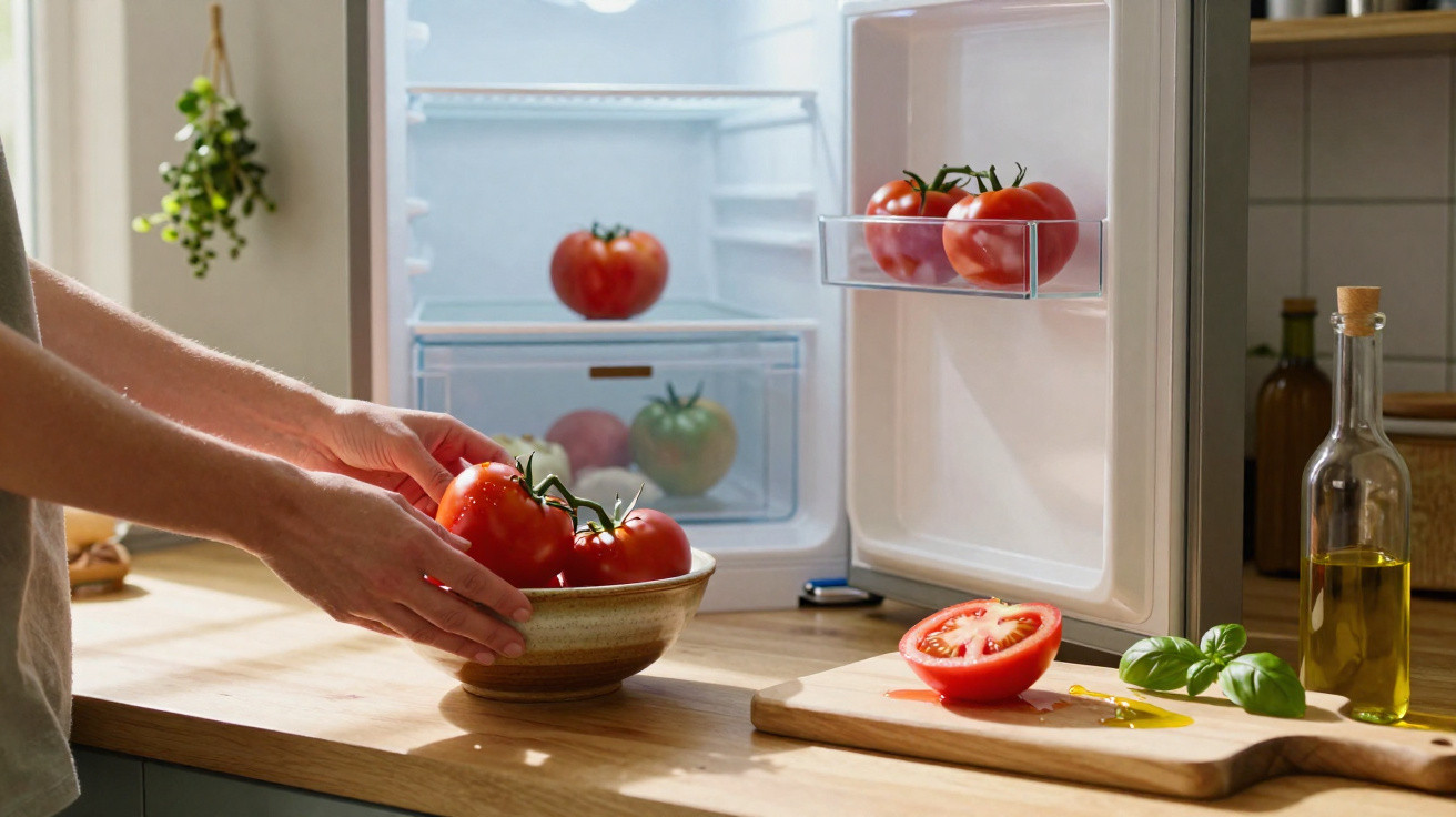 Pessoa colocando tomates em uma tigela próxima a geladeira aberta com tomates na porta e na prateleira.