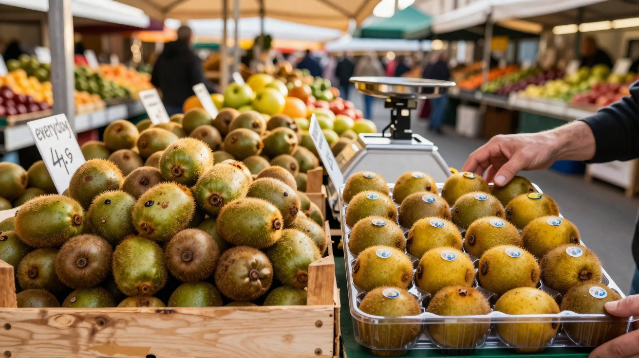 Barraca de feira com kiwis expostos em caixas de madeira e bandejas plásticas, com pessoas ao fundo.