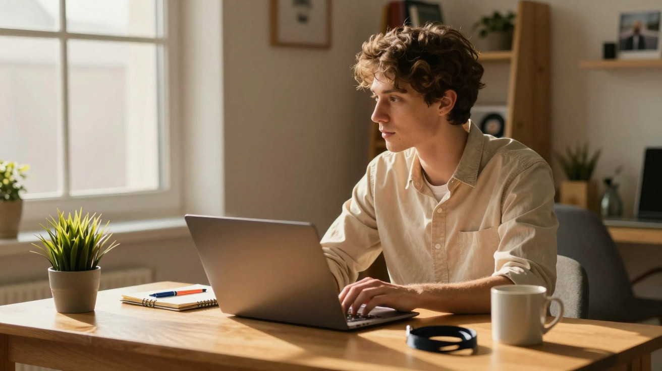 Jovem com camisa bege trabalhando em laptop em mesa de madeira com planta, caneca, fones e caderno.