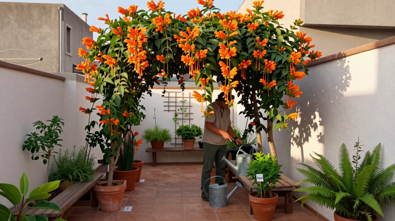 Homem cuidando de plantas sob arco florido com flores laranjas em varanda com bancos e vasos.