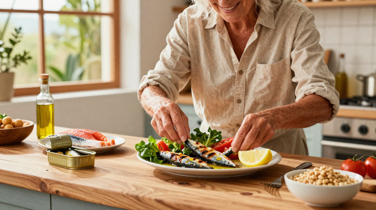 Pessoa idosa preparando prato com peixes grelhados, salada e limão em cozinha iluminada e acolhedora.