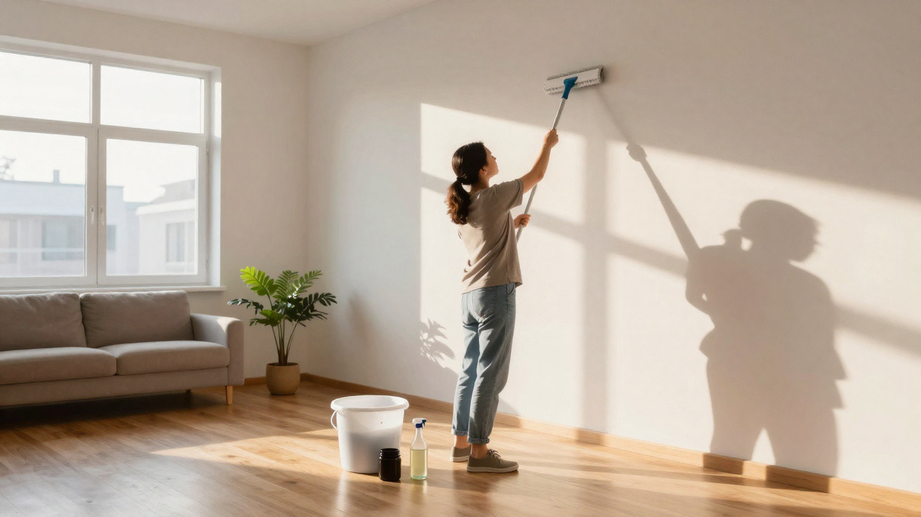 Mulher jovem limpando parede branca com rodo em sala iluminada com sofá, planta e balde no chão.