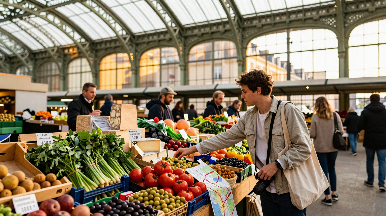 Feira coberta com bancas de frutas e vegetais, homem jovem escolhendo tomates frescos.