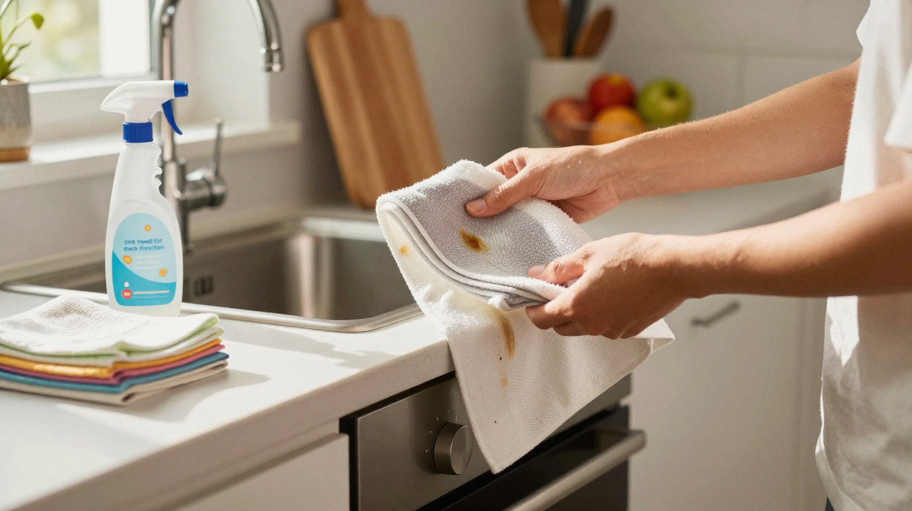 Pessoa limpando manchas em pano de cozinha na bancada de cozinha clara com spray de limpeza ao lado.