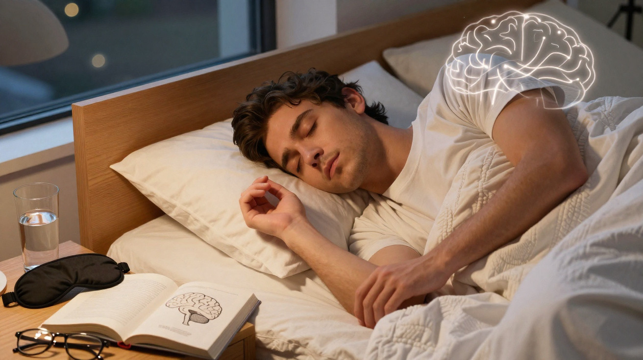 Homem dormindo em cama com ilustração de cérebro brilhante ao redor do ombro, ao lado livro aberto e copo d’água.