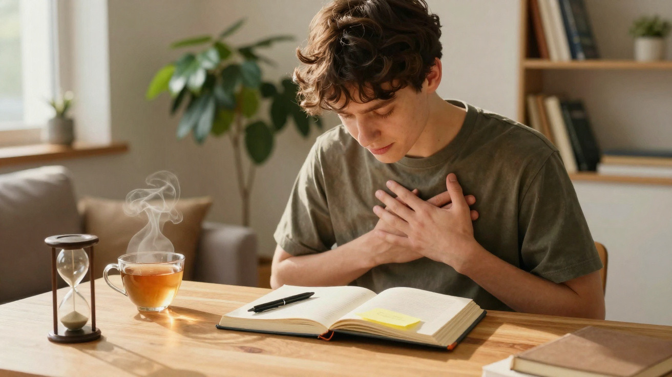 Jovem com mãos no peito lendo um livro em mesa com chá quente e ampulheta em ambiente iluminado.