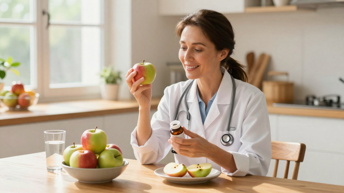 Médica sorridente segurando maçã e frasco de remédio sentada à mesa com frutas e copo d'água na cozinha.