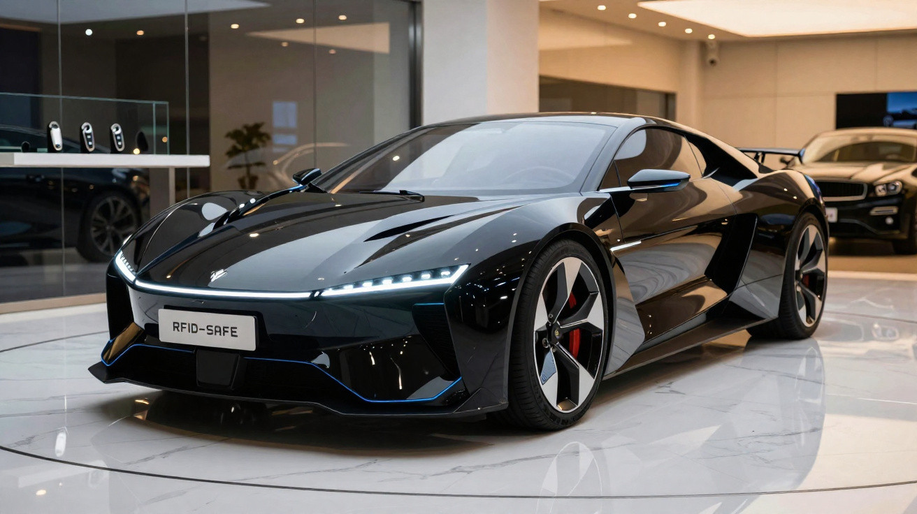 Carro esportivo preto de luxo em exposição dentro de showroom moderno com piso branco brilhoso.