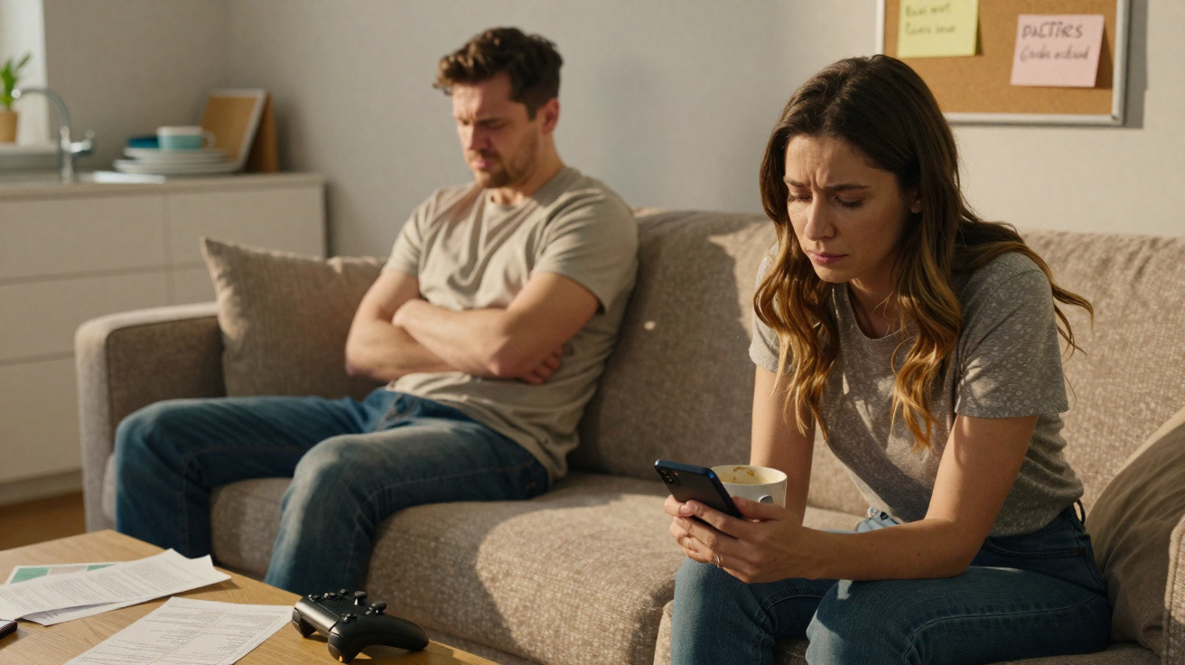 Casal sentado no sofá, com expressão de tristeza e distância emocional, em sala de estar.