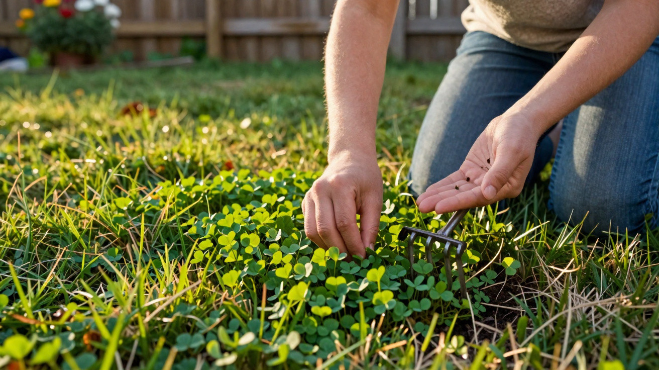 Pessoa cuidando de mudas verdes em jardim, com ancinho pequeno, ao ar livre, em área gramada.
