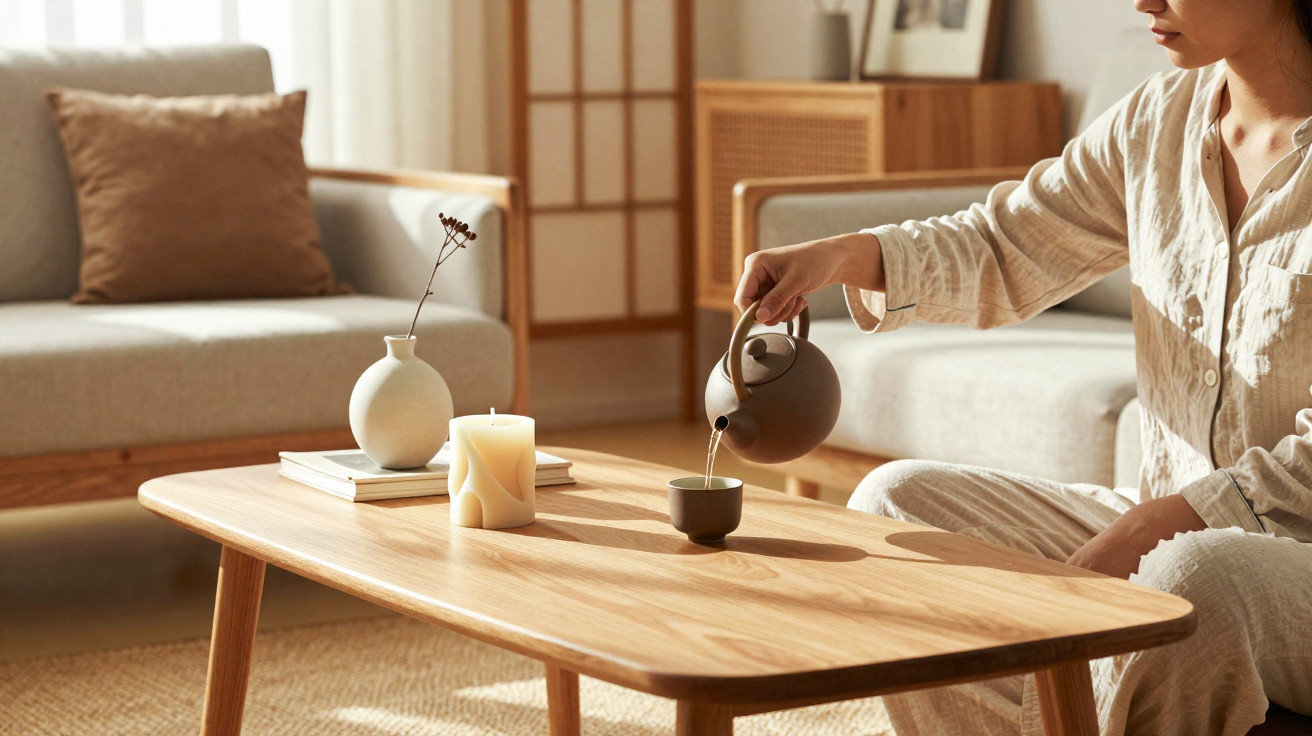 Pessoa vestindo pijama derrama chá em xícara sobre mesa de madeira em sala decorada com vela e vaso branco.