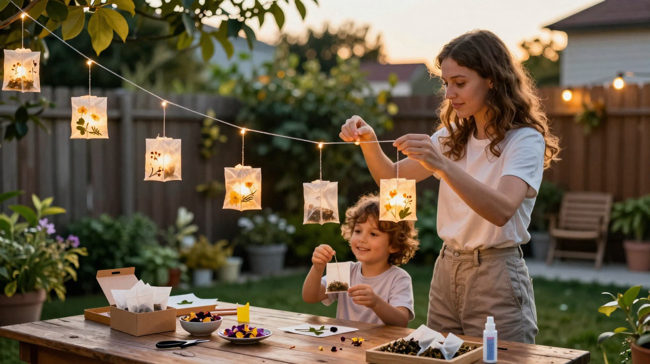 Mulher e criança pendurando luminárias artesanais com flores secas em jardim ao entardecer.