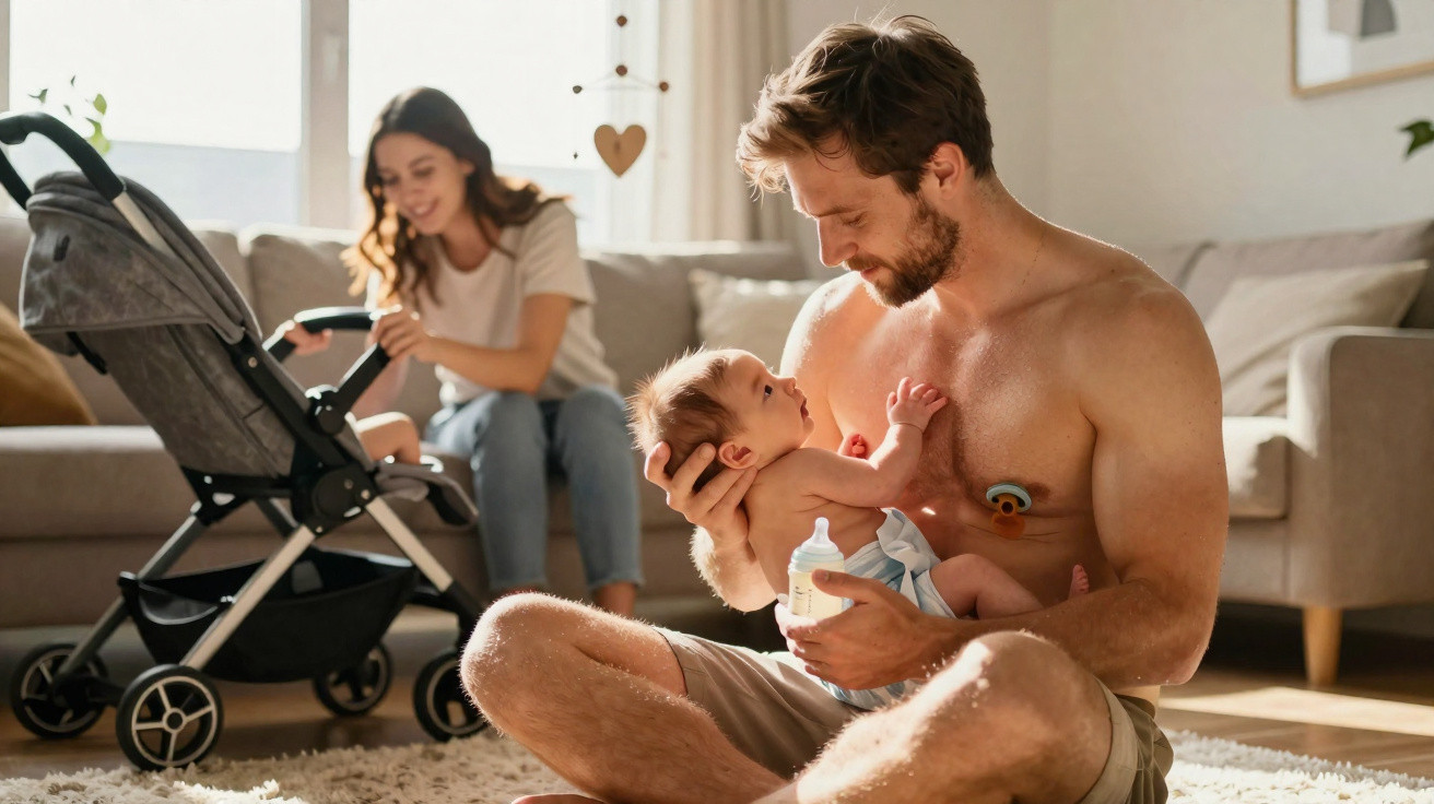 Pai segurando bebê no colo com mamadeira, mãe ao fundo cuidando do carrinho no sofá.