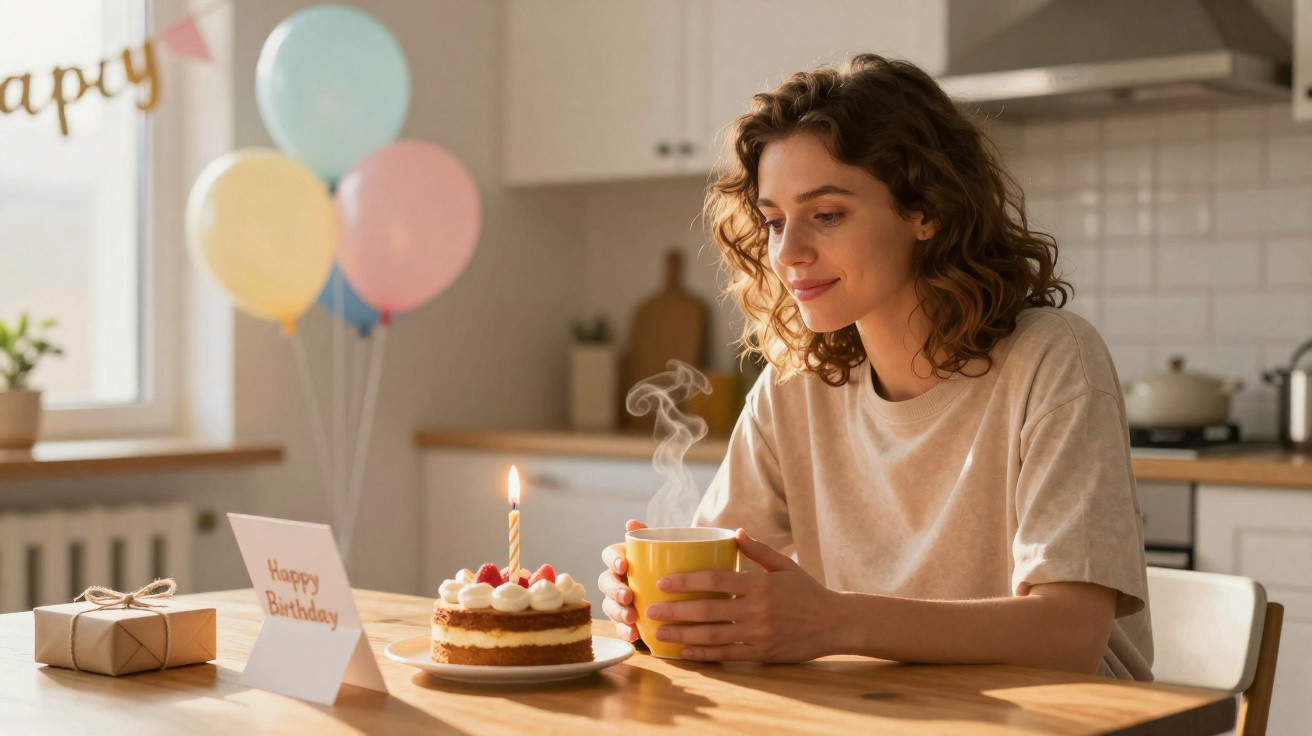 Mulher sorrindo segurando xícara, bolo com vela acesa e cartão de aniversário em cozinha decorada.